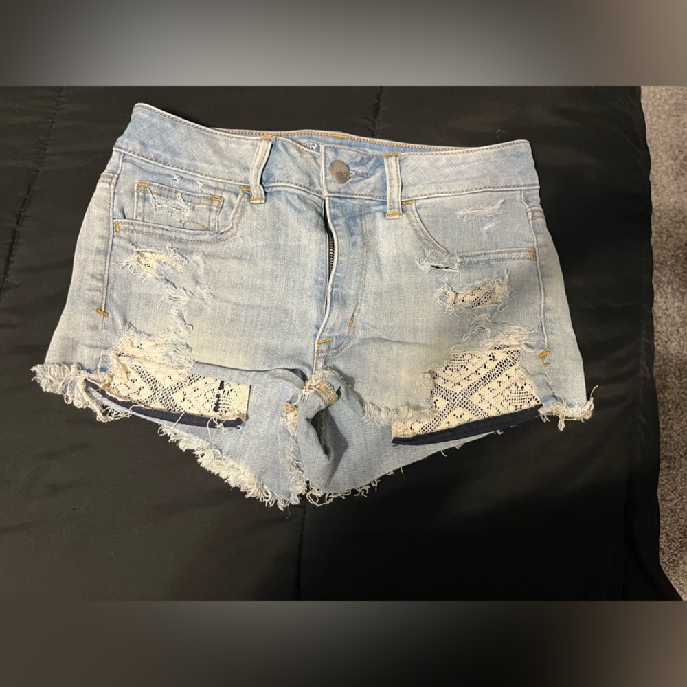 American Eagle Outfitters Light Blue Distressed High Waist Denim Shorts